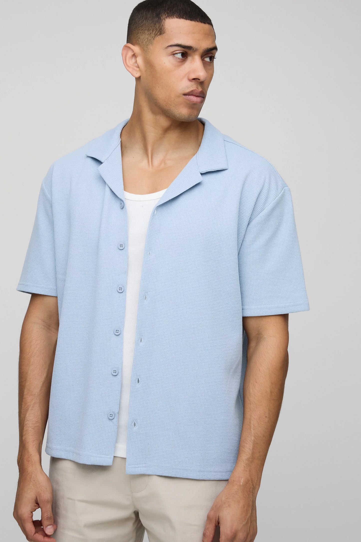 BHM Waffle Textured Button Thru Shirt Light Blue