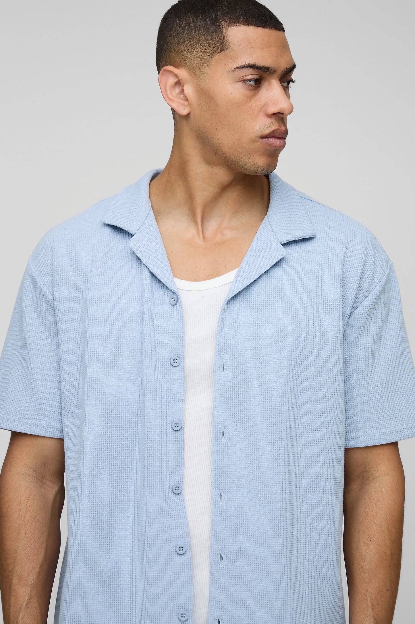 BHM Waffle Textured Button Thru Shirt Light Blue