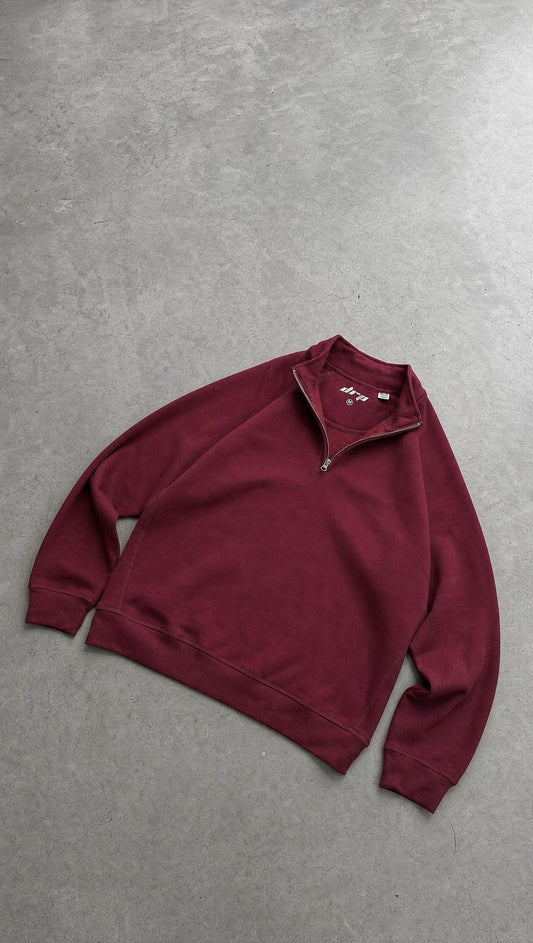 Maroon DRP quarter-zip sweatshirt laid flat