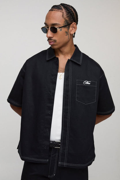 BHM Twill Contrast Stitch Embroidered Button Thru Shirt