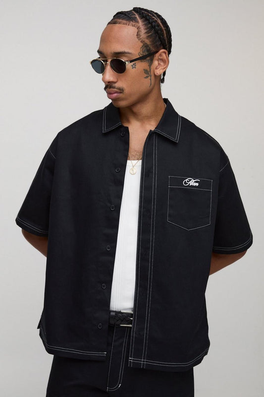 BHM Twill Contrast Stitch Embroidered Button Thru Shirt