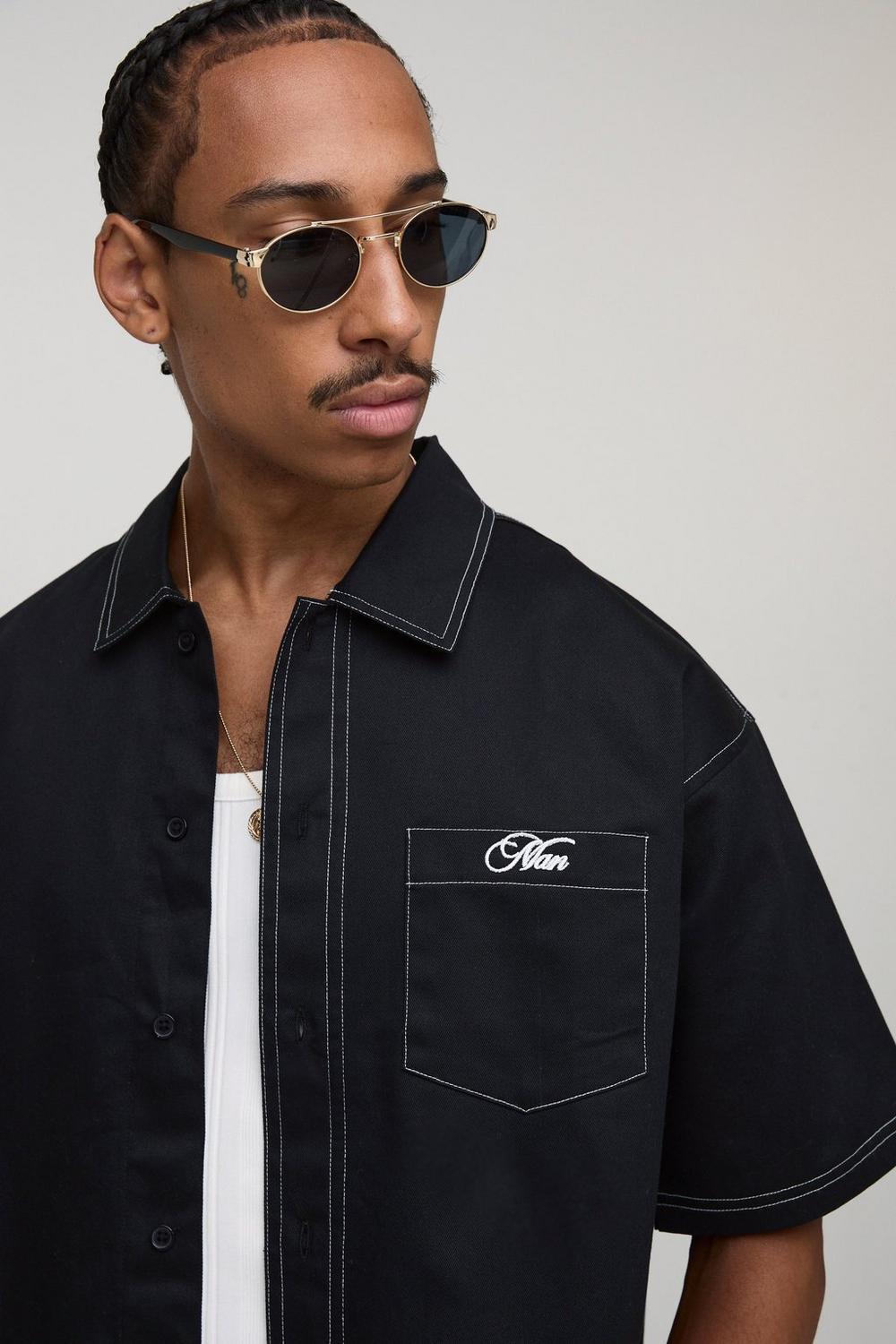 BHM Twill Contrast Stitch Embroidered Button Thru Shirt