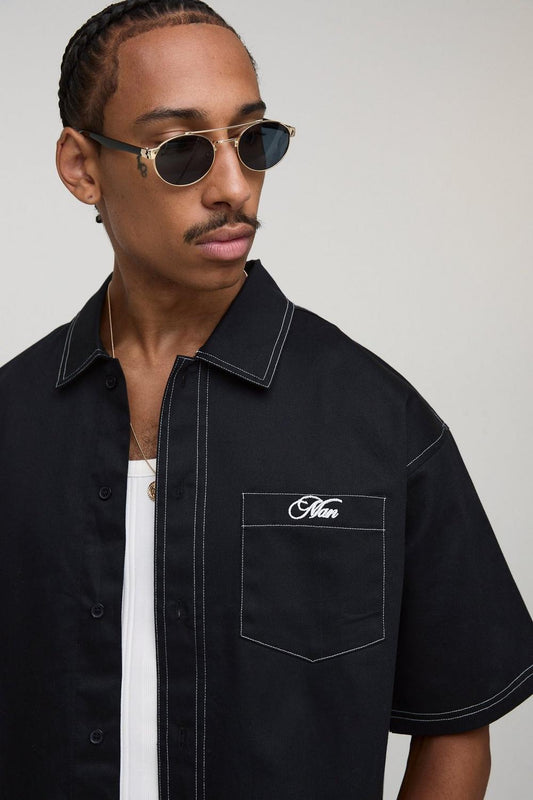 BHM Twill Contrast Stitch Embroidered Button Thru Shirt