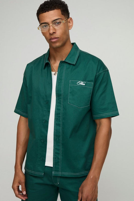 BHM Twill Contrast Stitch Embroidered Button Thru Shirt