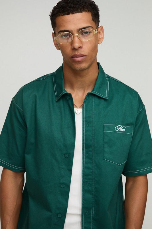 BHM Twill Contrast Stitch Embroidered Button Thru Shirt